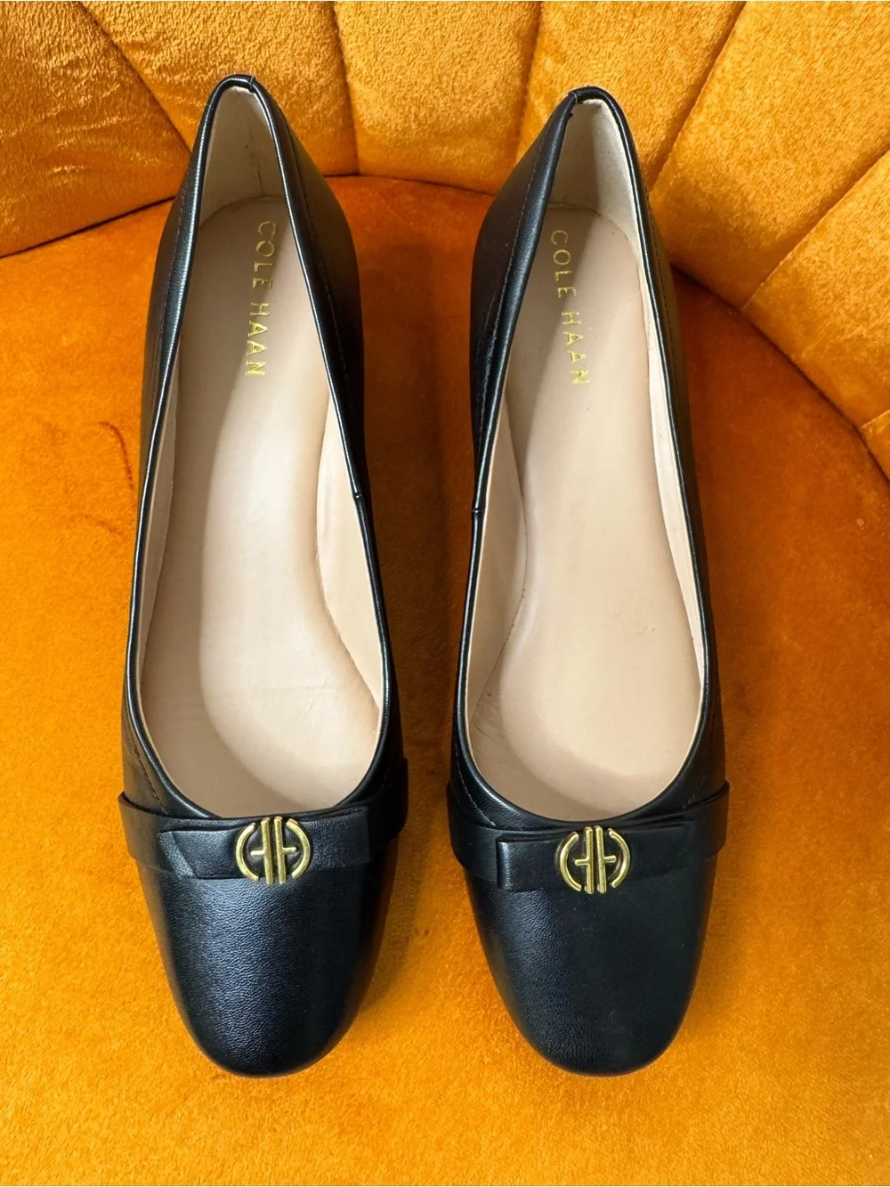New Cole Haan Malta Bow  Black Wedge Pump with Gold Accent